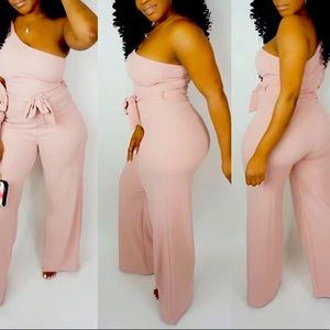Women's Elegant Wide Leg Jumpsuit 1 Shoulder Split Long Sleeve Belted One Piece